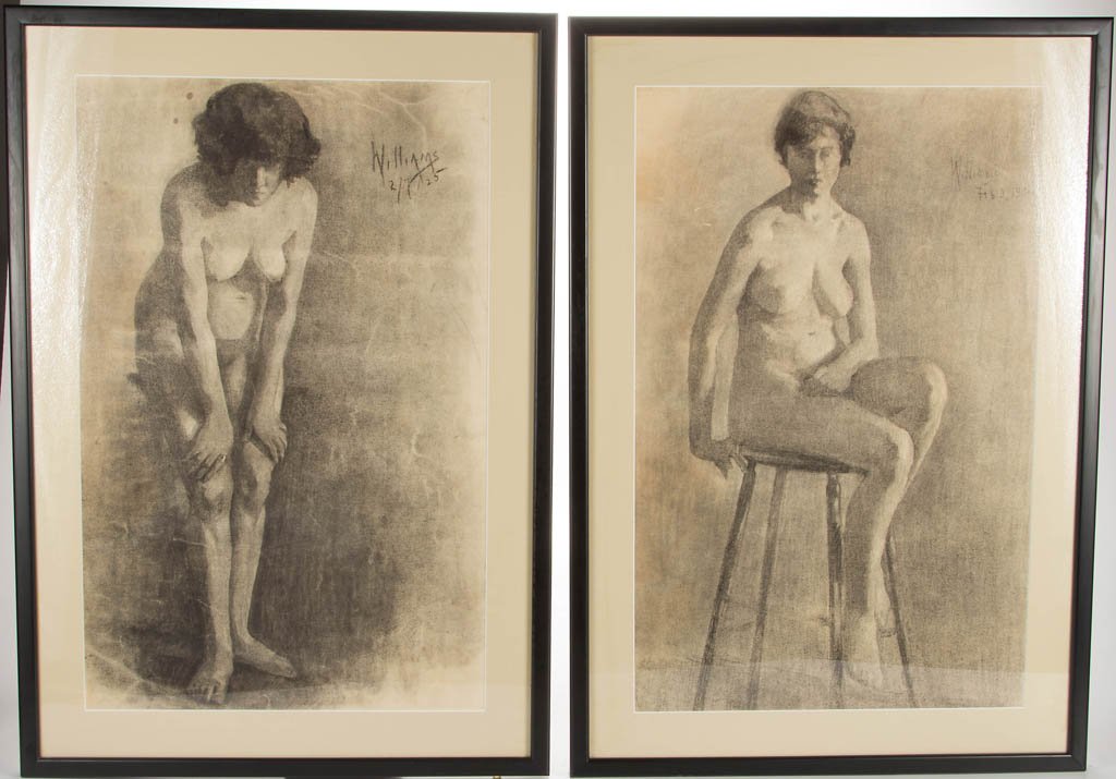 AMERICAN OR EUROPEAN SCHOOL (20TH CENTURY) NUDE: AMERICAN OR EUROPEAN SCHOOL (20TH CENTURY) NUDE PORTRAITS, LOT OF TWO, charcoal on paper, comprising one example depicting a female figure seated on stool, signed and dated "Williams / Feb. 9, 1924" u