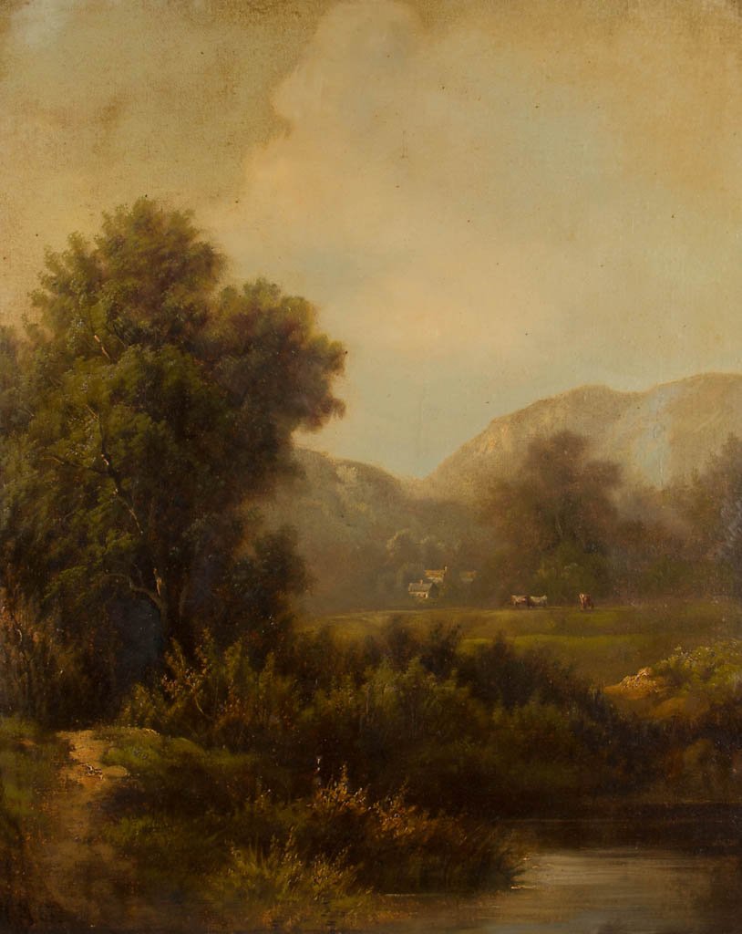 BRITISH SCHOOL (19TH CENTURY) LANDSCAPE PAINTING: BRITISH SCHOOL (19TH CENTURY) LANDSCAPE PAINTING, oil on canvas, featuring a meandering stream in a mountain valley with cows grazing in field before farmhouses in distance. Initialed and dated "H. H.