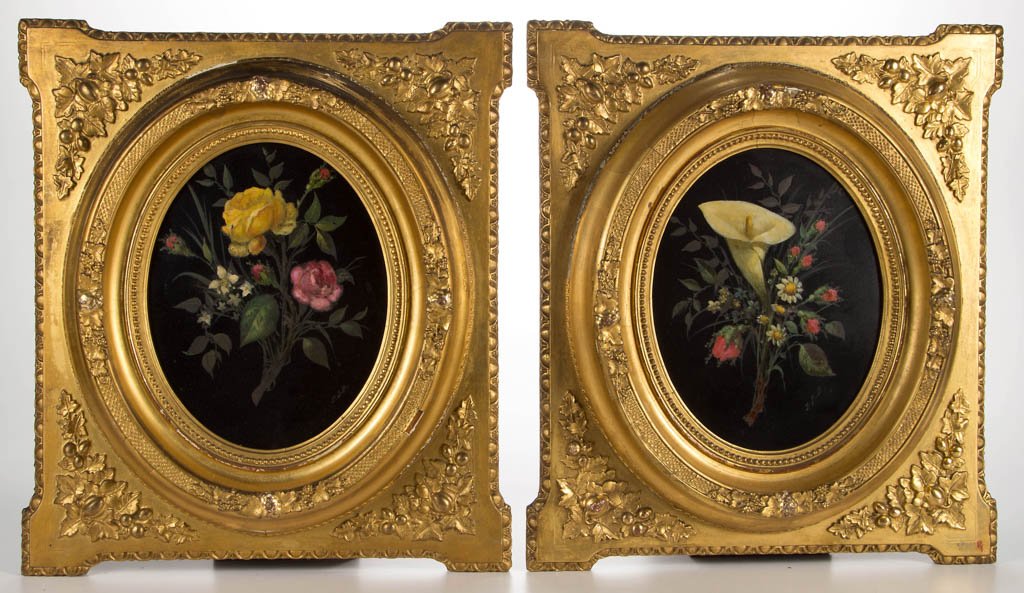 PAIR OF AMERICAN SCHOOL (LATE 19TH / EARLY 20TH: PAIR OF AMERICAN SCHOOL (LATE 19TH / EARLY 20TH CENTURY) FLORAL STILL-LIFE PAINTINGS, oil on tin, one depicting roses and the other a lily and wildflowers. Both initialed "J. D. B." lower right. Both 