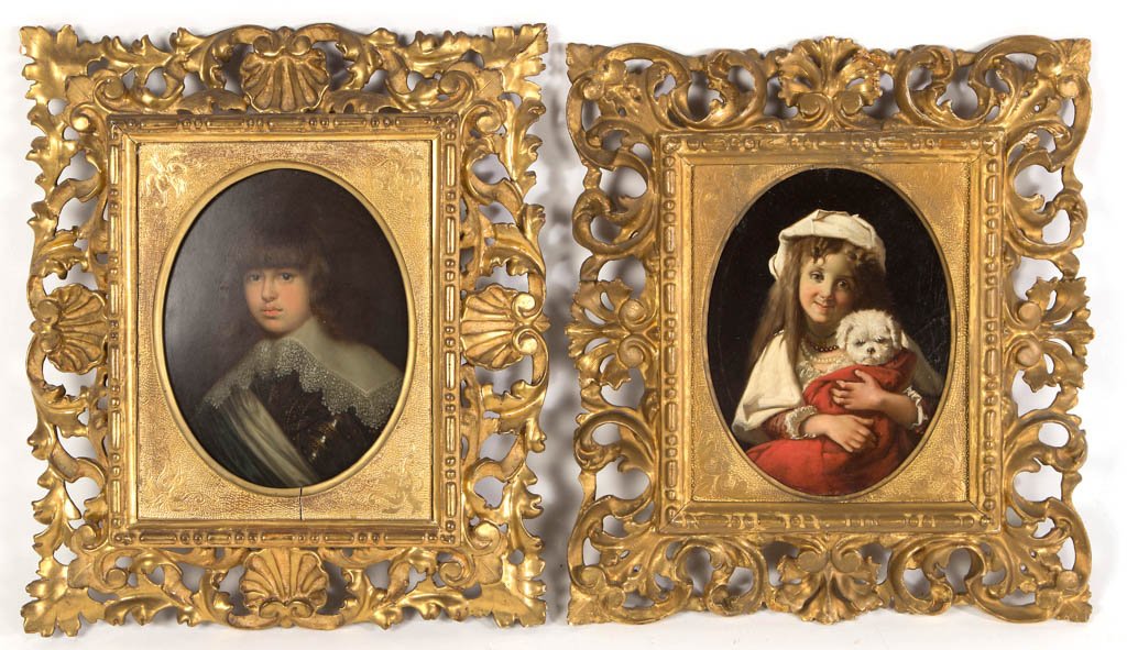 PAIR OF CONTINENTAL SCHOOL (19TH CENTURY) PORTRAITS: PAIR OF CONTINENTAL SCHOOL (19TH CENTURY) PORTRAITS, oil on thermoplastic, two youthful sitters in 17th-century attire, he in military garb with armor, silk collar, and sash; she holding a small white