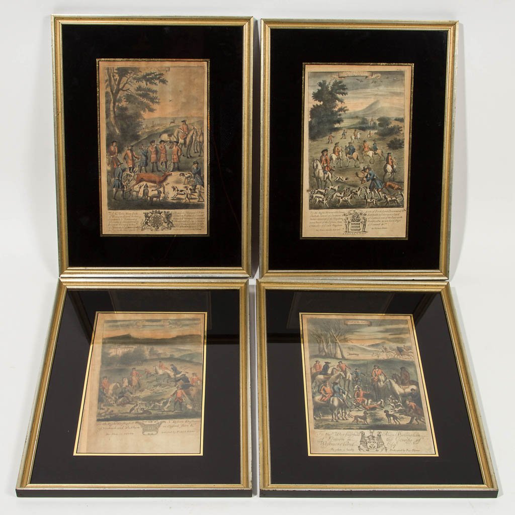 SET OF FOUR BRITISH SPORTING PRINTS: SET OF FOUR BRITISH SPORTING PRINTS, hand-colored engravings on paper, from "The Gentleman's Recreation", one of the earliest known illustrations of British field sports, scenes including "The Death o