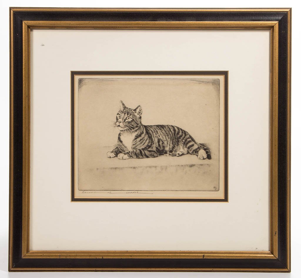 BENSON BOND MOORE (AMERICAN, 1882-1974) CAT ETCHING: BENSON BOND MOORE (AMERICAN, 1882-1974) CAT ETCHING, signed in pencil lower left. A hand-written note attached verso reads "This is 'Sammy'. He belonged to Mr. Edmonds, who owned a framing shop at 6th