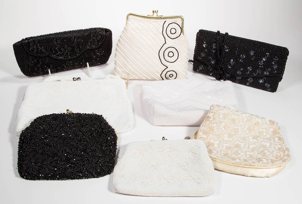 VINTAGE AND MODERN BEADED LADY'S PURSES, LOT OF EIGHT: VINTAGE AND MODERN BEADED LADY'S PURSES, LOT OF EIGHT, markings include handmade in France for Harzfelds, made in Belgium for Walborg, Simon, and Delill. Mostly second half 20th century. Various sizes