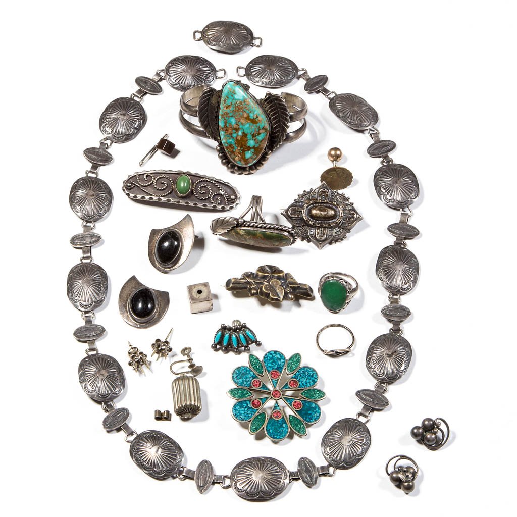 ASSORTED SILVER AND OTHER JEWELRY LOT: ASSORTED SILVER AND OTHER JEWELRY LOT, including Native American and Mexican set with jade, several pieces marked Sterling, most unmarked. 20th century. Belt 26" L. Provenance: Property of a New York 