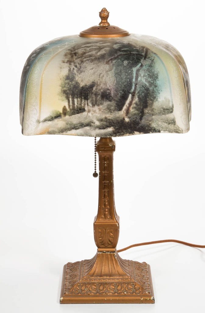 PITTSBURGH REVERSE-PAINTED GLASS SCENIC SHADE TABLE: PITTSBURGH REVERSE-PAINTED GLASS SCENIC SHADE TABLE LAMP, S-1340 1/2 Electrolier Decoration A, a square-form shade with frosted areas to the outer surface, depicting a snowy forest scene, painted meta