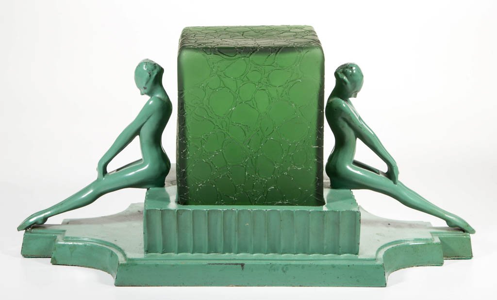 FRANKART ART DECO ELECTRIC LAMP: FRANKART ART DECO ELECTRIC LAMP, featuring two seated nudes flanking the crackle glass shade, original green paint. Fulle signed across reverse. Circa 1925. 7 1/2" H, 15" x 6 1/2". Provenance: Propert