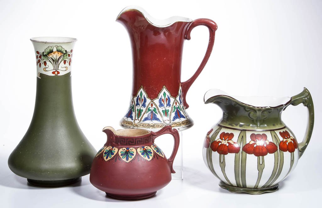 HAYNES ARTS & CRAFTS POTTERY ARTICLES, LOT OF FOUR: HAYNES ARTS & CRAFTS POTTERY ARTICLES, LOT OF FOUR, comprising an Illyrian decoration creamer, a Khorassan decoration tankard/pitcher, an Olivetian decoration vase, and a pitcher marked "Haynes / Balt