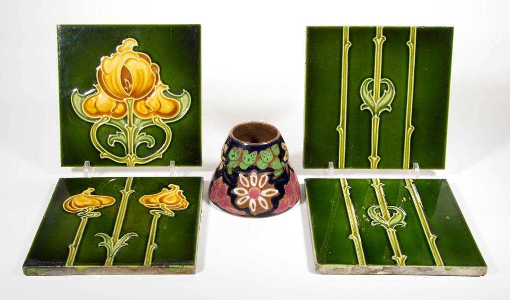 EUROPEAN ARTS & CRAFTS ART POTTERY ARTICLES, LOT OF: EUROPEAN ARTS & CRAFTS ART POTTERY ARTICLES, LOT OF FIVE, comprising four decorative tiles with floral and foliate motif, marked "ENGLAND" to underside; and a German art pottery vase, attributed to Ca