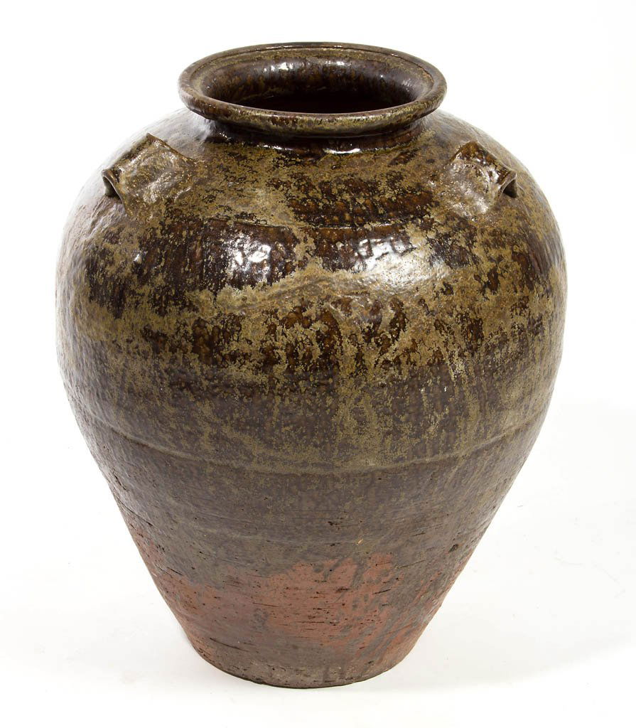 ASIAN EARTHENWARE LARGE JAR OR URN: ASIAN EARTHENWARE LARGE JAR OR URN, alkaline-glazed, probably Thai or Burmese, possibly a Sawankhalok jar, of near baluster form, with collared neck, lipped rim, and three applied strap handles or lug