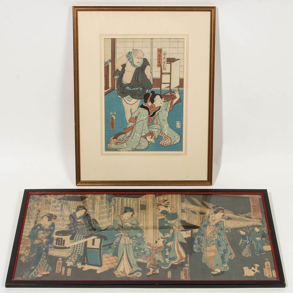 JAPANESE UKIYO-E WOODBLOCK PRINTS, LOT OF TWO: JAPANESE UKIYO-E WOODBLOCK PRINTS, LOT OF TWO, comprising an example by Utagawa Kunisada (Toyokuni III), depicting a female figure in traditional costume, kneeling and waving to someone off-scene, and