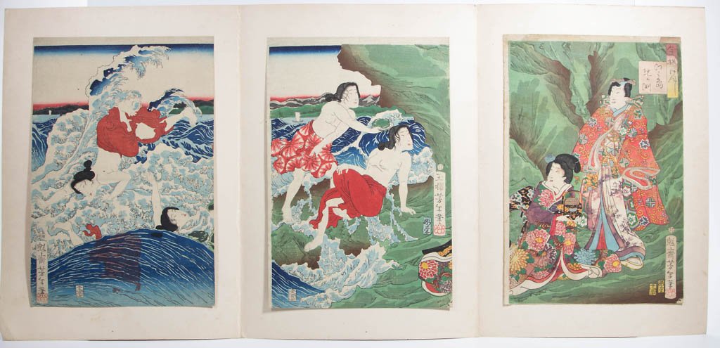 JAPANESE UKIYO-E WOODBLOCK TRIPTYCH: JAPANESE UKIYO-E WOODBLOCK TRIPTYCH, the three panels depicting swimmers or bathers along a rocky coastline, possibly gathering clams or oysters; the left with two women diving into or swimming in the