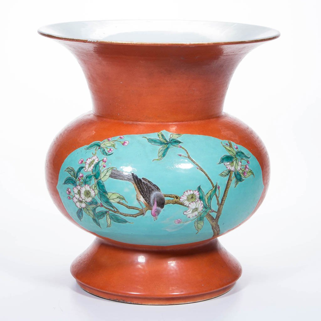 CHINESE PORCELAIN DAYAZHAI-STYLE VASE: CHINESE PORCELAIN DAYAZHAI-STYLE VASE, possibly a spittoon, of sharply baluster form, with bulbous, squat body, widely flared rim, and wide base with inset foot; with all-over light coral or iron red 