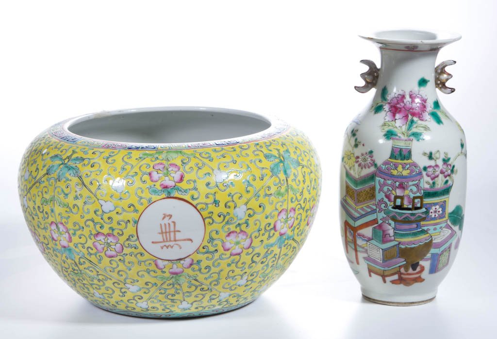 CHINESE PORCELAIN ENAMEL DECORATED ARTICLES, LOT OF TWO: CHINESE PORCELAIN ENAMEL DECORATED ARTICLES, LOT OF TWO, comprising a small baluster-form vase with over-glaze enamel image of floral blossoms, furniture, vases, urns, and planters to face, signed ins