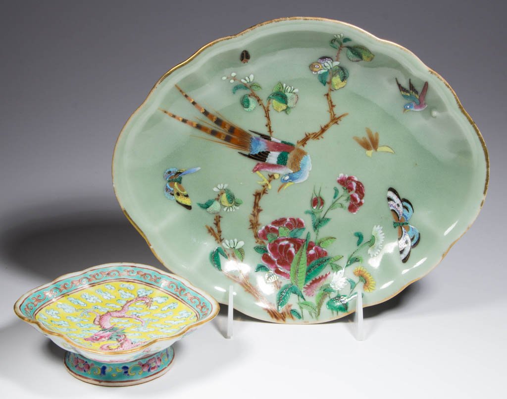 CHINESE EXPORT PORCELAIN CELADON TABLEWARE ARTICLES,: CHINESE EXPORT PORCELAIN CELADON TABLEWARE ARTICLES, LOT OF TWO, comprising a lobed- and scallop-molded diamond-form dish, painted with pheasants, butterflies, bugs, roses and other flowers, under a g