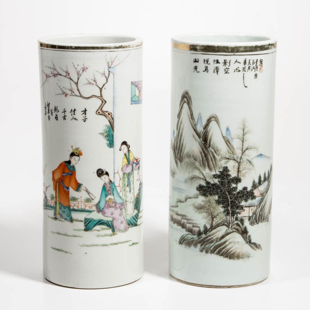 CHINESE PORCELAIN YI TONG FORM VASES, LOT OF TWO: CHINESE PORCELAIN YI TONG FORM VASES, LOT OF TWO, cylindrical form, with gold painted band under rim; one with scene of mountains and river, the other with scene of three women in a garden or yard; ea
