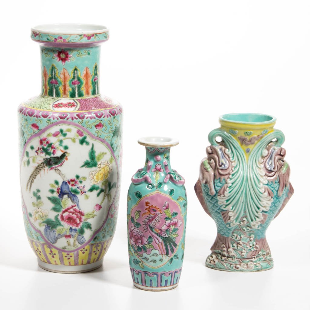 ASIAN PORCELAIN VASES, LOT OF THREE: ASIAN PORCELAIN VASES, LOT OF THREE, polychrome, including robin's egg blue, pink, gold, and yellow, comprising a figural double fish or dragon-fish vase with raised Qianlong mark to underside; a nyon
