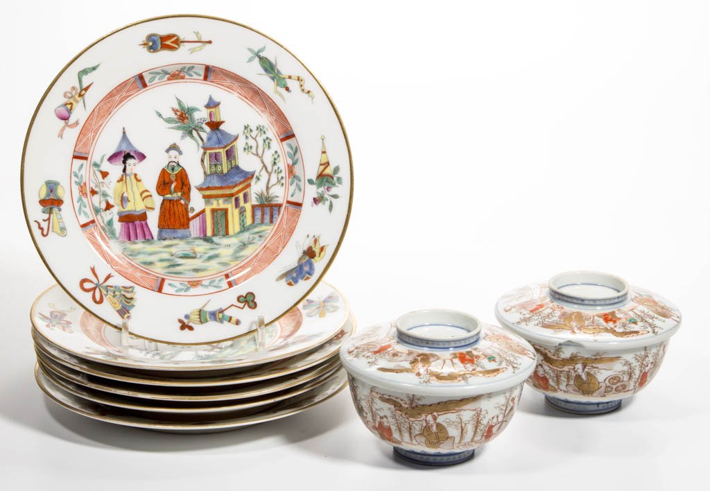 ASIAN PORCELAIN TABLE ARTICLES, LOT OF EIGHT: ASIAN PORCELAIN TABLE ARTICLES, LOT OF EIGHT, comprising two Imari style rice bowls with covers, with figures in a bamboo grove, unmarked; and six Chinese style enamel decorated plates, with gold pain