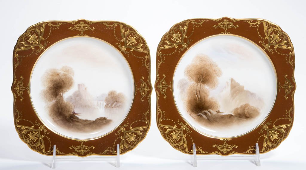 ENGLISH ROYAL WORCESTER PORCELAIN PAIR OF FINELY-GILT: ENGLISH ROYAL WORCESTER PORCELAIN PAIR OF FINELY-GILT CABINET PLATES, of scallop-molded square form, the chiseled, rouletted and raised-paste gilding forming bouquets and swags above the wells, painte