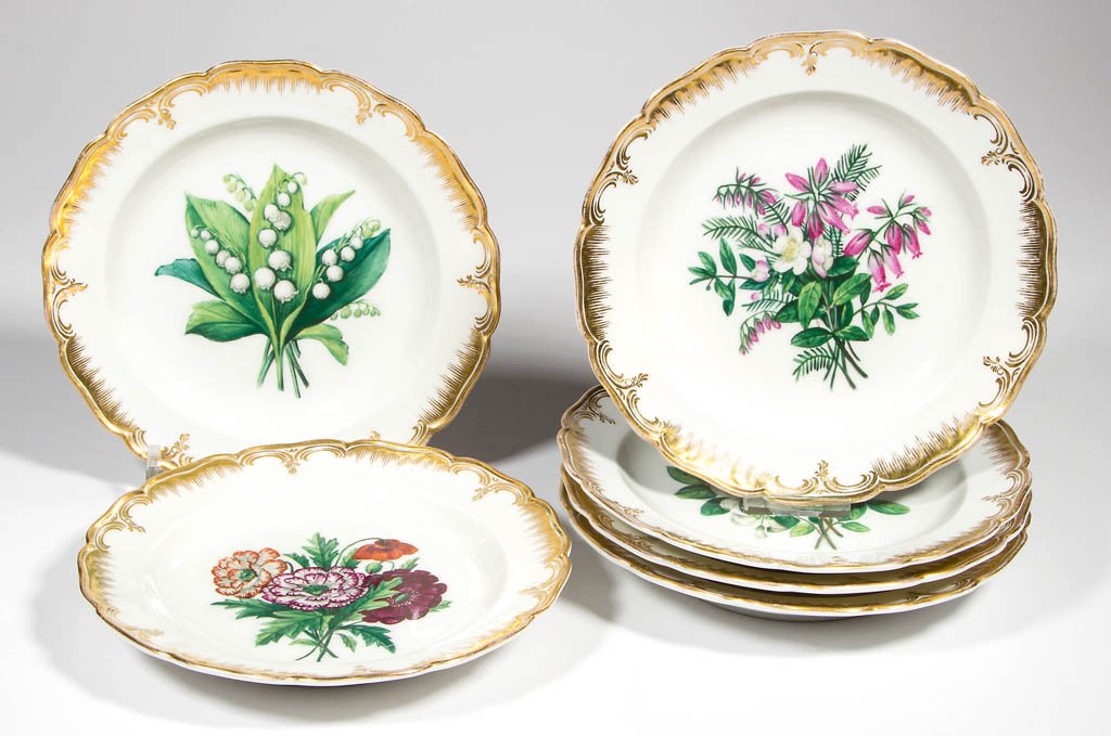 GERMAN KPM BERLIN PORCELAIN DESSERT PLATES, LOT OF SIX: GERMAN KPM BERLIN PORCELAIN DESSERT PLATES, LOT OF SIX, each with shaped rim, with gold bands and feathering to shoulder, centering finely painted floral specimens and bouquets. Gray/blue scepter abov