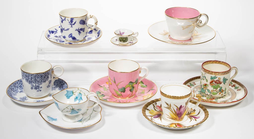 ASSORTED FLORAL-DECORATED ENGLISH DEMITASSE CUP AND: ASSORTED FLORAL-DECORATED ENGLISH DEMITASSE CUP AND SAUCER SETS, LOT OF EIGHT, including two with blue Worcester Royal Porcelain Co. marks, two with black Copeland Spode marks, a miniature toy size wi