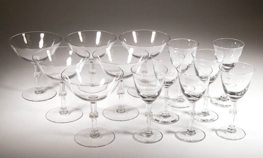 LALIQUE, FRANCE COCKTAIL AND CHAMPAGNE GLASSES, LOT OF: LALIQUE, FRANCE COCKTAIL AND CHAMPAGNE GLASSES, LOT OF 13, comprising seven cocktail glasses, and six saucer champagne glasses; signed. 20th century. Cocktails 5" H, 2 1/2" D, champagnes 4 3/4" H, 4" 
