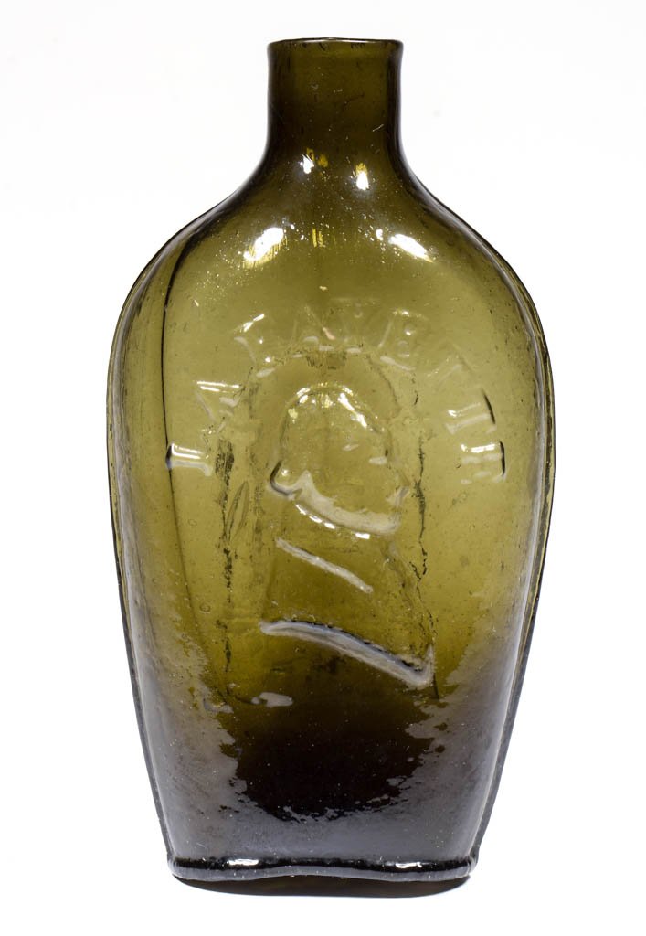 GI-89 LAFAYETTE - MASONIC PORTRAIT FLASK: GI-89 LAFAYETTE - MASONIC PORTRAIT FLASK, shaded olive green, half pint, embossed "LA FAYETTE" above bust, Masonic arch on reverse, sheared mouth, rough pontil mark. Probably Mt. Vernon Glass Works, V
