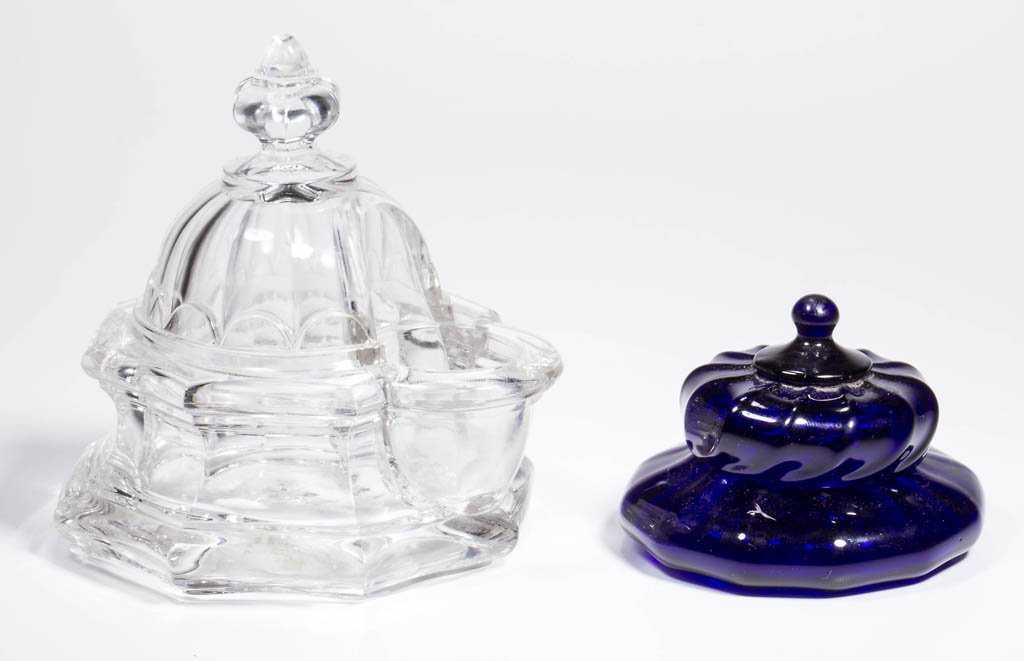 ASSORTED GLASS INKWELLS, LOT OF TWO: ASSORTED GLASS INKWELLS, LOT OF TWO, comprising a deep cobalt blue pattern-molded example with cover, each having 12 vertical ribs, well with rough pontil mark, cover with applied finial and interior 