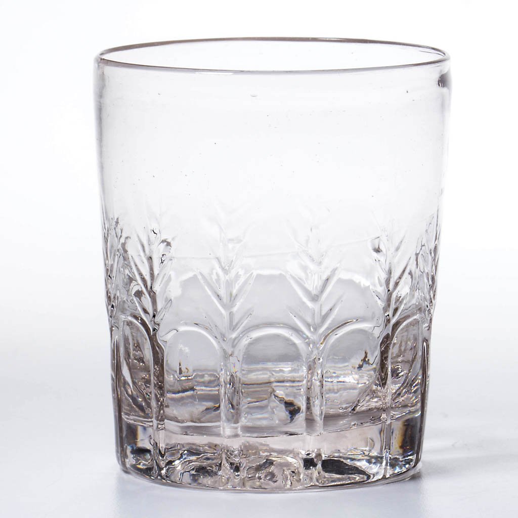 BLOWN-MOLDED GIV-2 TUMBLER: BLOWN-MOLDED GIV-2 TUMBLER, colorless, cylindrical form, Diamond type II base with rough pontil mark. Boston & Sandwich Glass Co. Circa 1825-1835. 3 1/2" H, 3" D rim. Literature: Parallels B & K I, fi