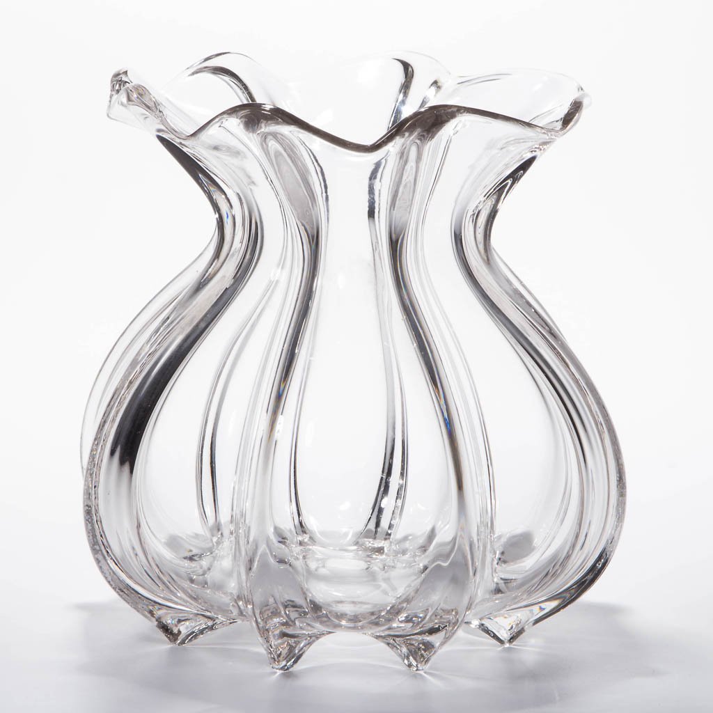 PILLAR-MOLDED VASE: PILLAR-MOLDED VASE, colorless, bulbous form with eight distinct ribs and a gauffered rim, factory polish to the tips of the ribs to level, polished pontil mark. Fostoria Glass Co. Circa 1905-1930. 8" 