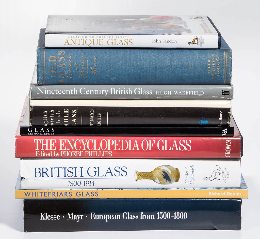 ASSORTED GLASS REFERENCE VOLUMES, LOT OF NINE: ASSORTED GLASS REFERENCE VOLUMES, LOT OF NINE, including Richard Dennis, "Whitefriars Glass," Charles Hajdamach "British Glass 1800-1914," and Kless, Mayr, "European Glass from 1500-1800"; two hardbac