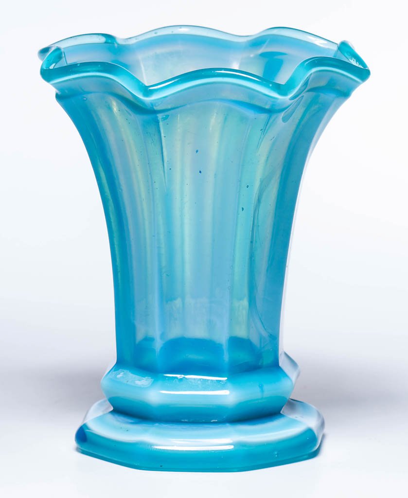 PRESSED EIGHT-PANEL FLOWER STAND / VASE: PRESSED EIGHT-PANEL FLOWER STAND / VASE, beautiful fiery opalescent robin's egg blue, conical bowl with a gauffered eight-point rim and a ringed bottom, raised on a slight hexagonal foot with a rough-