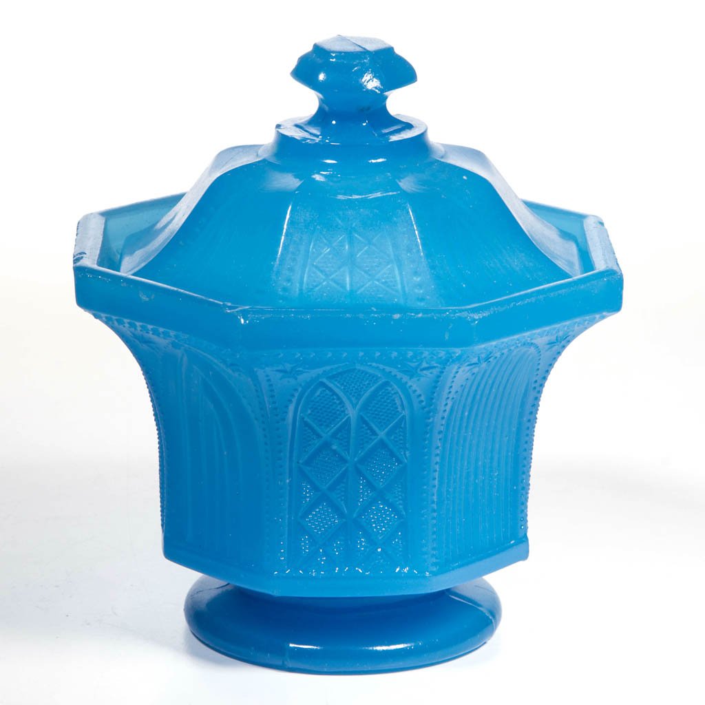 PRESSED LACY GOTHIC ARCH SUGAR BOWL AND COVER: PRESSED LACY GOTHIC ARCH SUGAR BOWL AND COVER, translucent soft blue, octagonal bowl with four different arch designs and a plain rim, raised on a circular foot, matching cover with four arch designs 