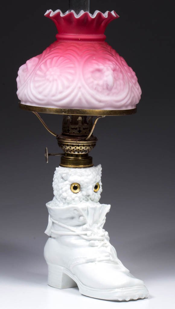 RARE OWL IN BOOT FIGURAL MINIATURE OIL LAMP (1 of 1)
