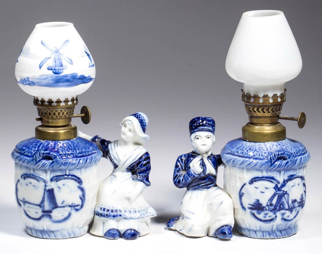 DUTCH BOY AND GIRL FIGURAL MINIATURE OIL LAMPS, LOT OF (1 of 1)