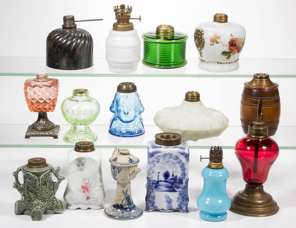 ASSORTED PATTERN MINIATURE OIL LAMP BASES, LOT OF 15 (1 of 1)