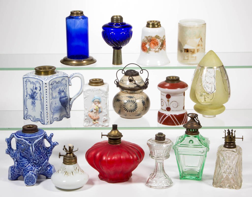 ASSORTED PATTERN MINIATURE OIL LAMP BASES / PARTS, LOT (1 of 1)