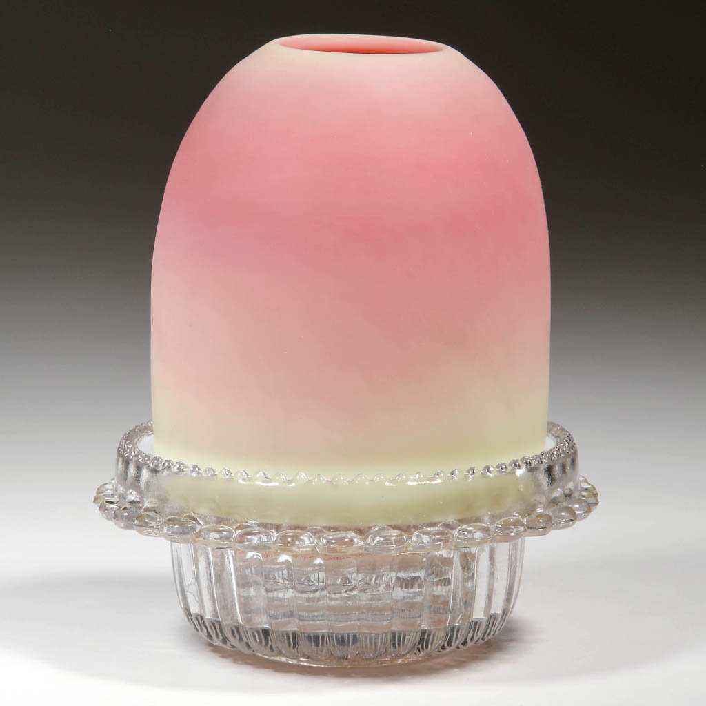 WEBB BURMESE FAIRY LAMP: WEBB BURMESE FAIRY LAMP, plush finish, the fairy-size shade resting in a colorless Clarke's Trade Mark Fairy lamp cup, with colorless Clarke's patent candleholder. Thomas Webb & Sons. Late 19th/early