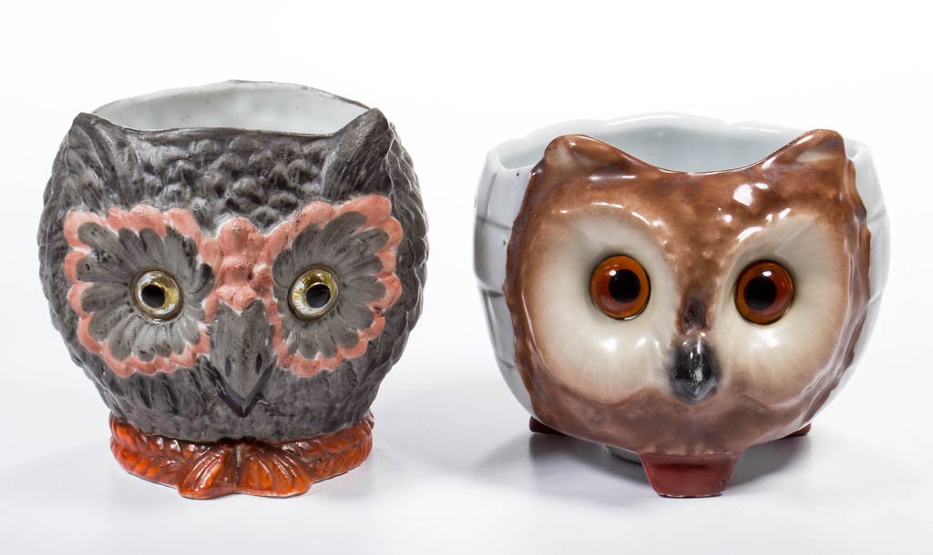 OWL HEAD FIGURAL CERAMIC FAIRY LAMPS, LOT OF TWO (1 of 1)