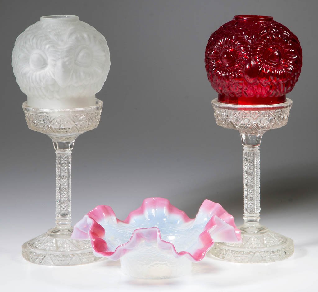 OWL HEAD FIGURAL FAIRY LAMPS ON STANDS, LOT OF TWO (1 of 1)