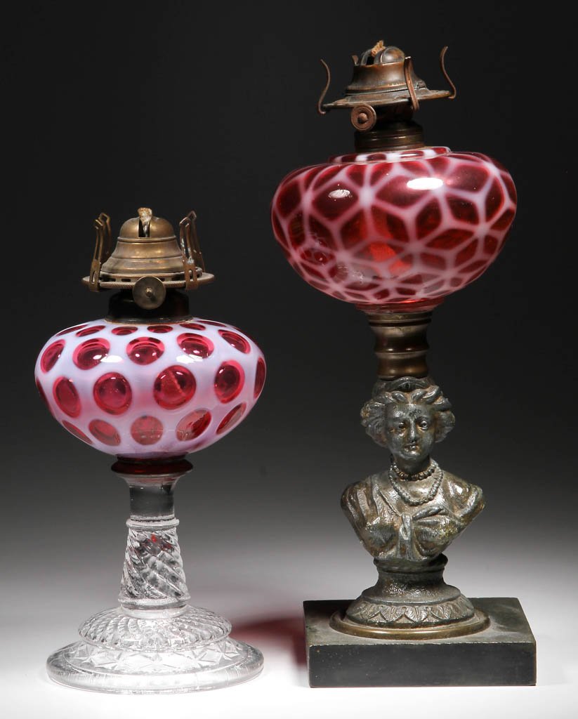 ASSORTED OPALESCENT KEROSENE STAND LAMPS, LOT OF TWO (1 of 1)