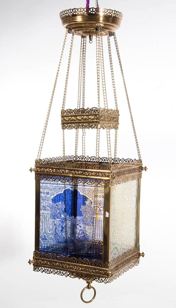 BRASS AND DEEP ETCHED GLASS KEROSENE HANGING HALL LAMP (1 of 2)