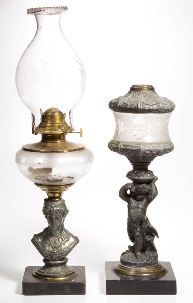 ASSORTED GLASS FONT FIGURAL STEM KEROSENE STAND LAMPS, (1 of 1)