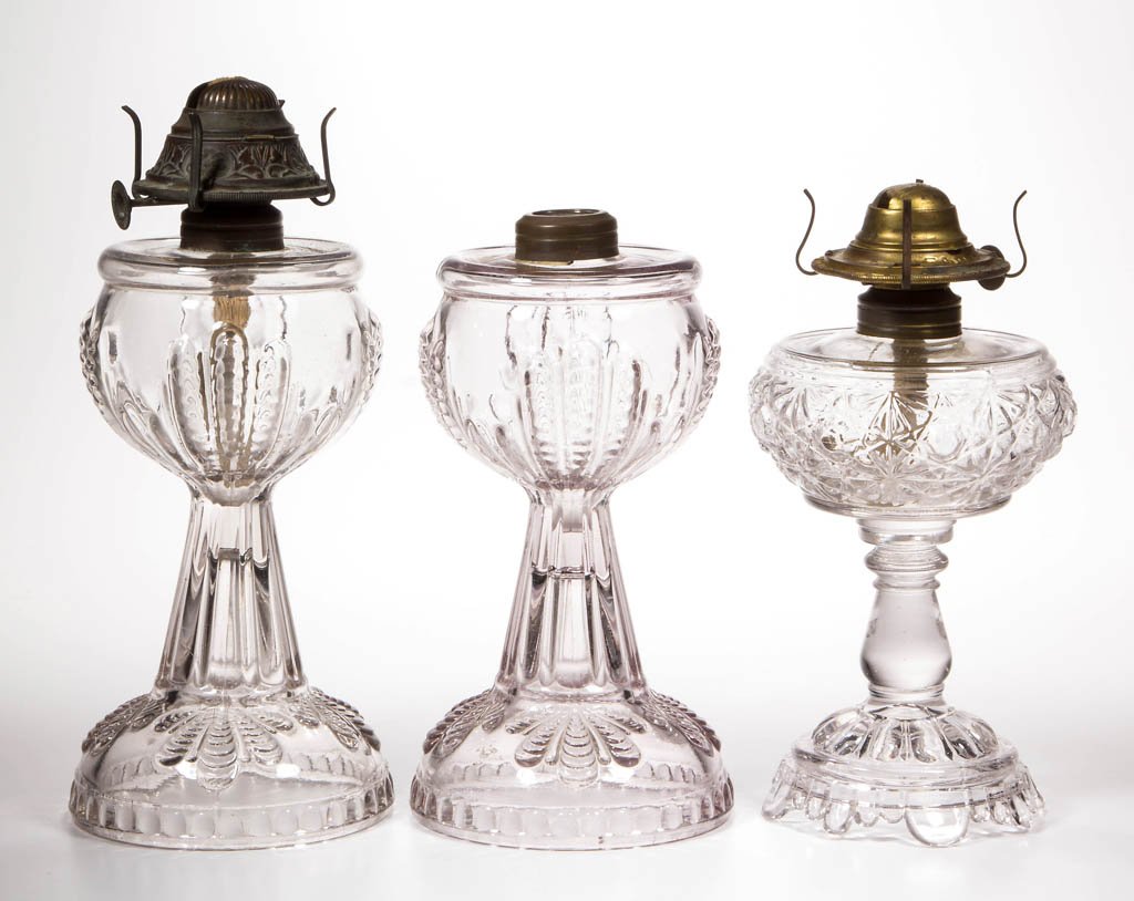 ASSORTED PATTERN KEROSENE STAND LAMPS, LOT OF THREE (1 of 1)