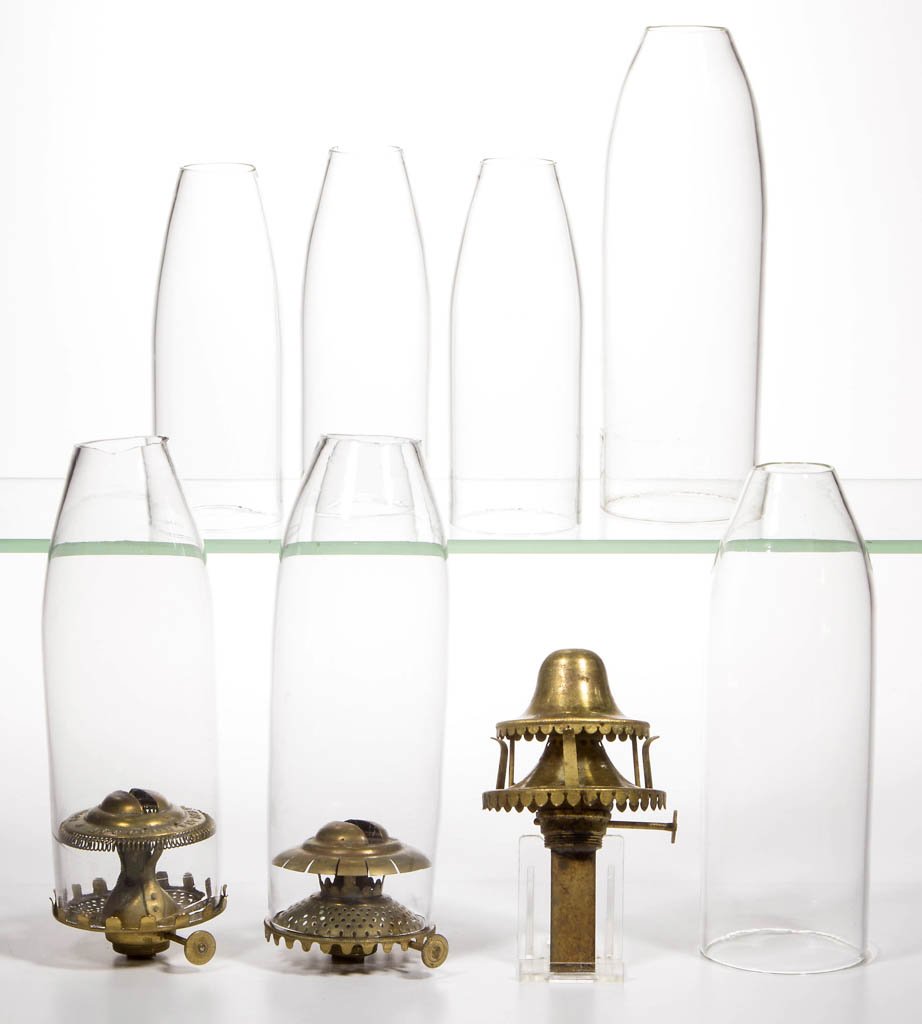 ASSORTED KEROSENE SLIP SETUPS, LOT OF THREE: ASSORTED KEROSENE SLIP SETUPS, LOT OF THREE, comprising a Holmes, Booth & Haydens Atwood's Comet burner with 1863 and 1868 patent dates, a Lupton's Silver burner with 1870 patent date, and a M. L. Col