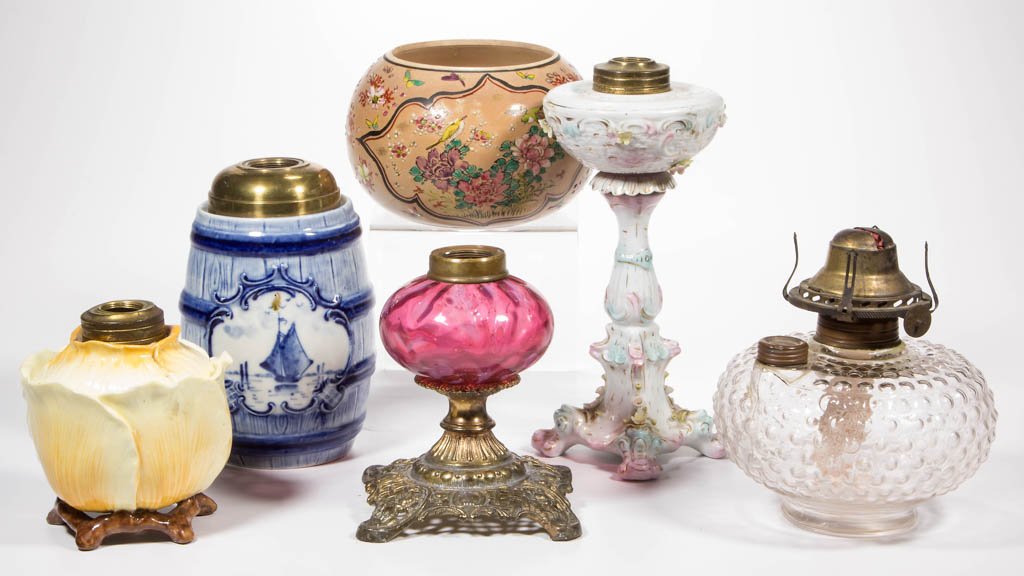 ASSORTED KEROSENE LAMP BASES AND PARTS, LOT OF SIX (1 of 1)