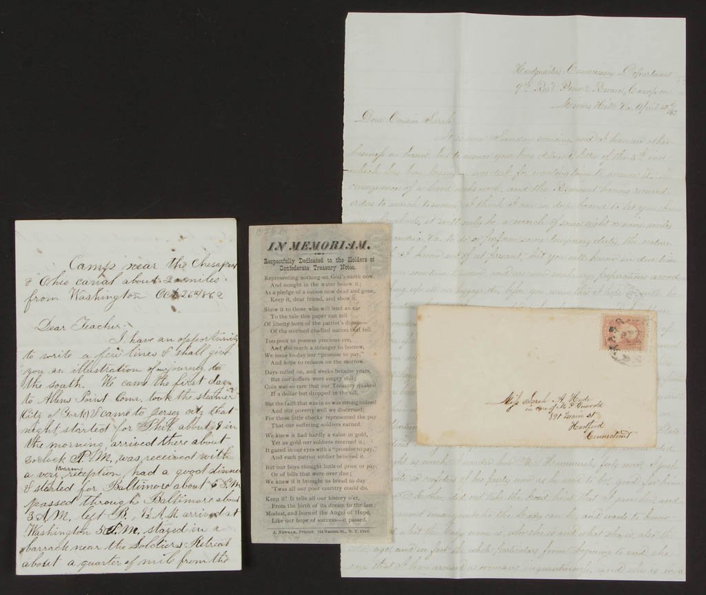 CIVIL WAR LETTERS AND CURRENCY, LOT OF THREE (1 of 1)