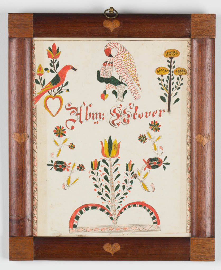 ABRAHAM S. STOVER (HAYCOCK, BUCKS CO., PENNSYLVANIA,: ABRAHAM S. STOVER (HAYCOCK, BUCKS CO., PENNSYLVANIA, ACTIVE MID-19TH CENTURY) FOLK ART FRAKTUR DRAWING, watercolor, ink, and pencil on paper, a bold composition exhibiting a veritable survey of German