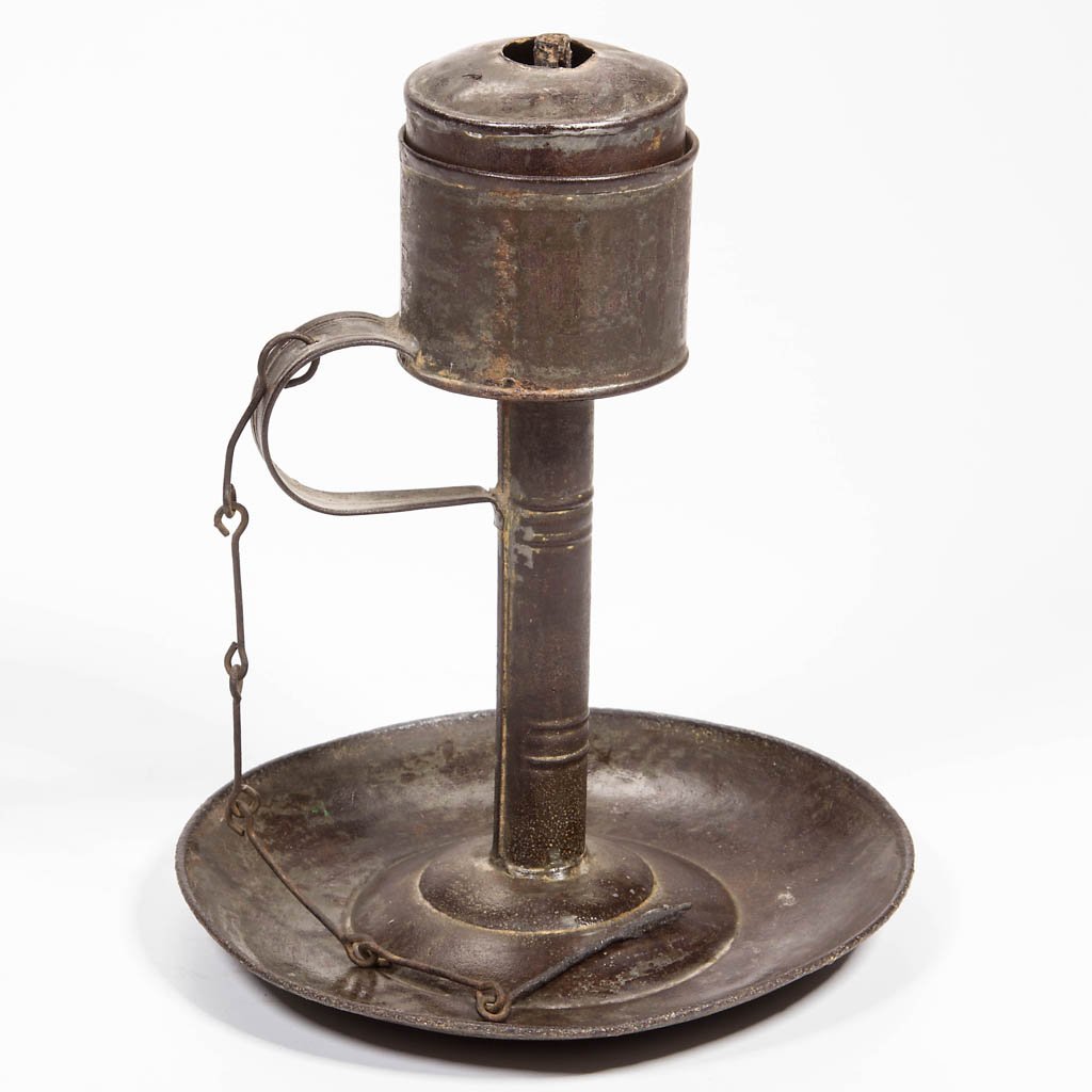 SHEET-IRON KETTLE GREASE / LARD LAMP ON STAND (1 of 1)