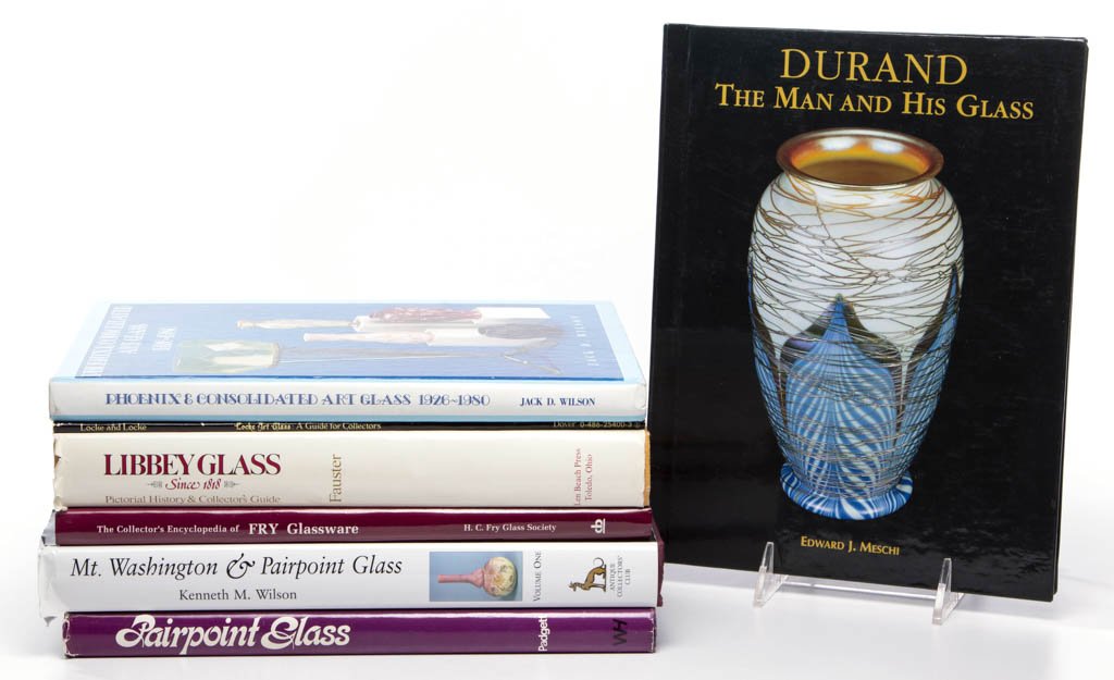 AMERICAN ART GLASS AND OTHER GLASS REFERENCE VOLUMES,: AMERICAN ART GLASS AND OTHER GLASS REFERENCE VOLUMES, LOT OF SEVEN, including Edward J. Meschi, "Durand: The Man and His Glass," 1998, The Glass Press, Inc.; and Jack D. Wilson, "Phoenix & Consolidate
