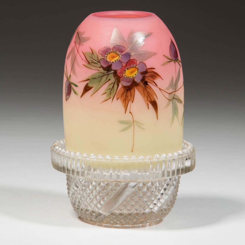 WEBB DECORATED BURMESE FAIRY LAMP: WEBB DECORATED BURMESE FAIRY LAMP, plush finish, pyramid-size dome with polychrome Hawthorn decoration, fitted on a colorless lamp cup with S. Clarke's patent. Thomas Webb & Sons. Fourth quarter 19th